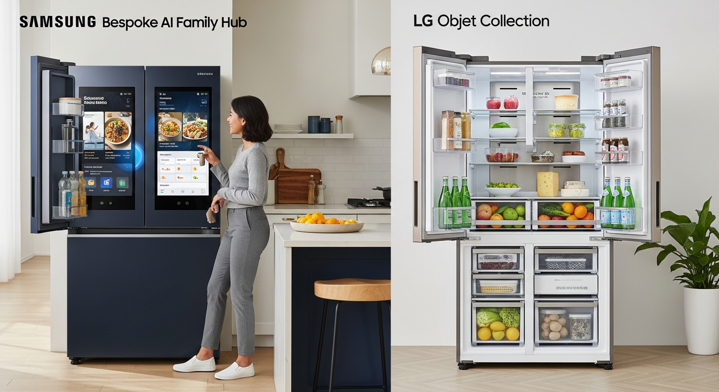 삼성 비스포크 AI 패밀리허브 냉장고와 LG 오브제컬렉션 냉장고를 비교한 현대적인 주방 이미지