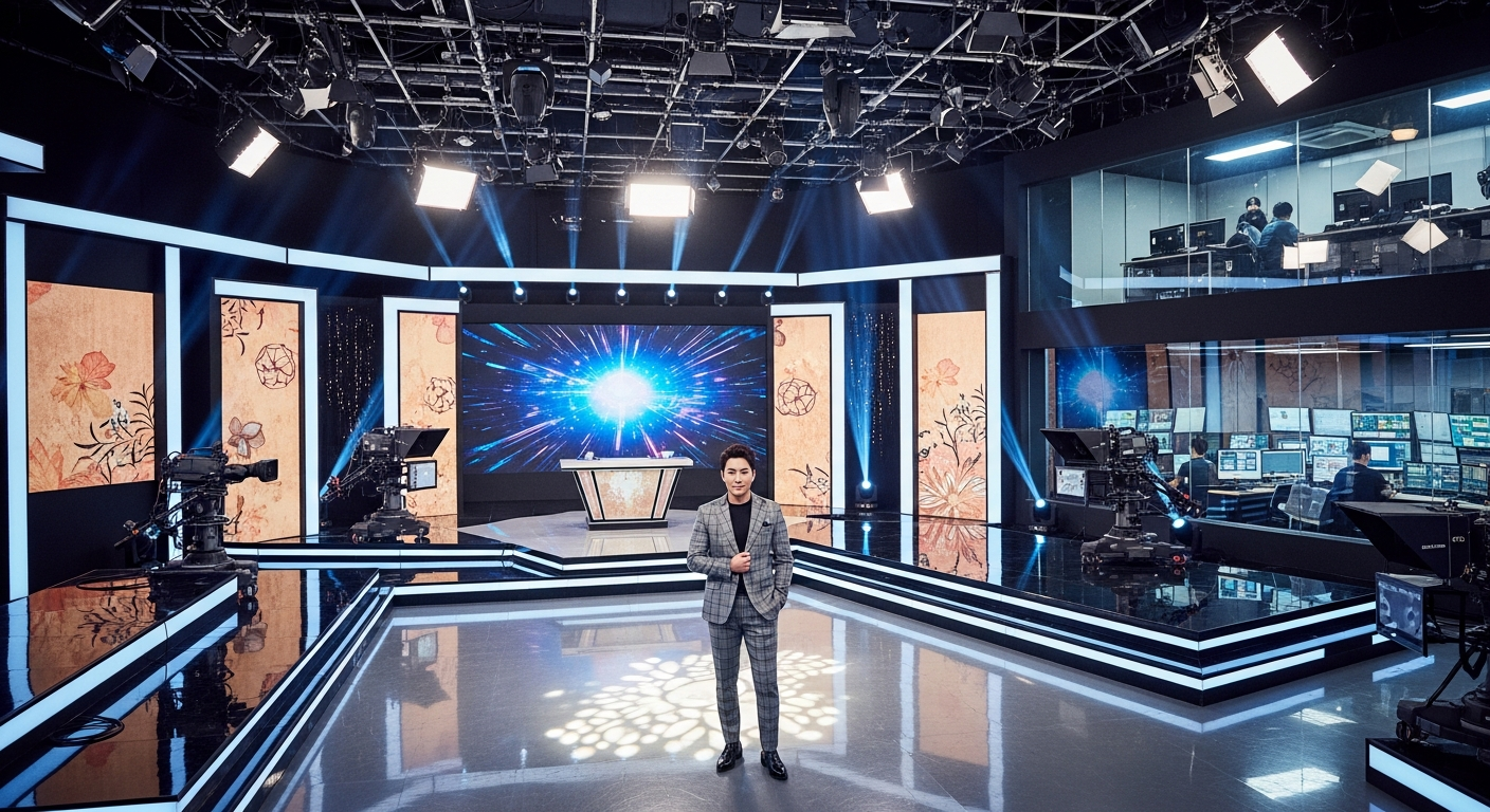 운명전쟁49 프로그램의 중심인 MC 전현무가 있는 한국 텔레비전 스튜디오 세트의 실사 이미지