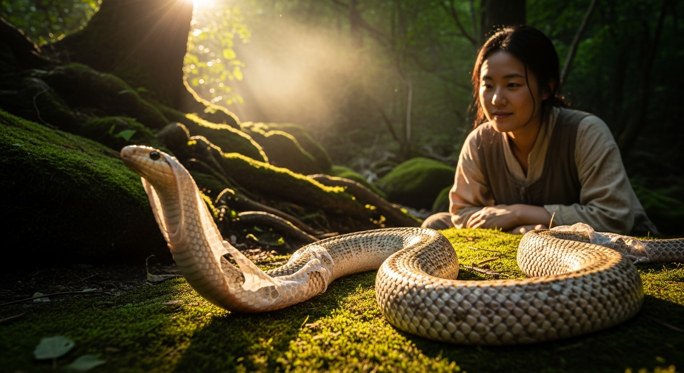 뱀이 허물을 벗으며 재생과 변화를 상징하는 모습