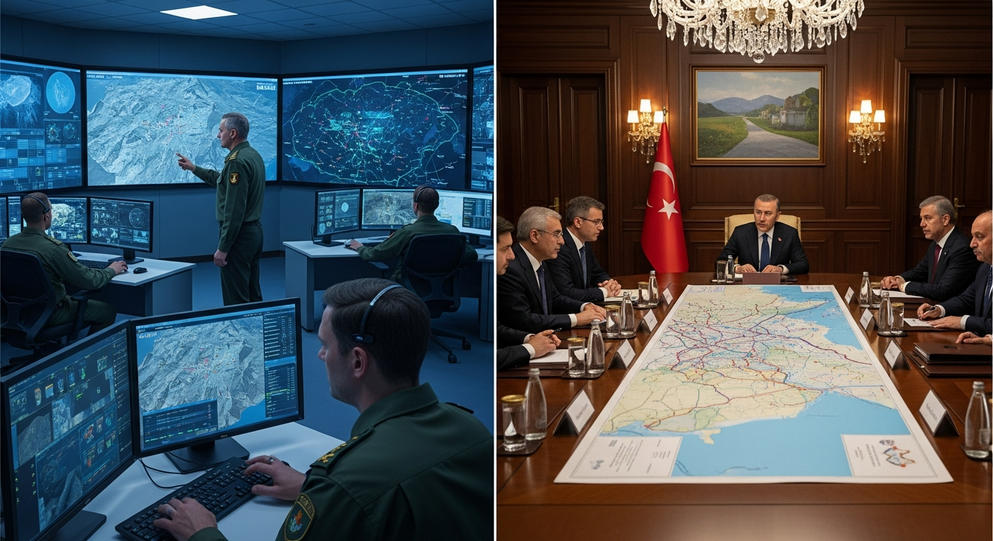 군사 운영실과 외교 회담이 나란히 배치된 비교 구도 사진