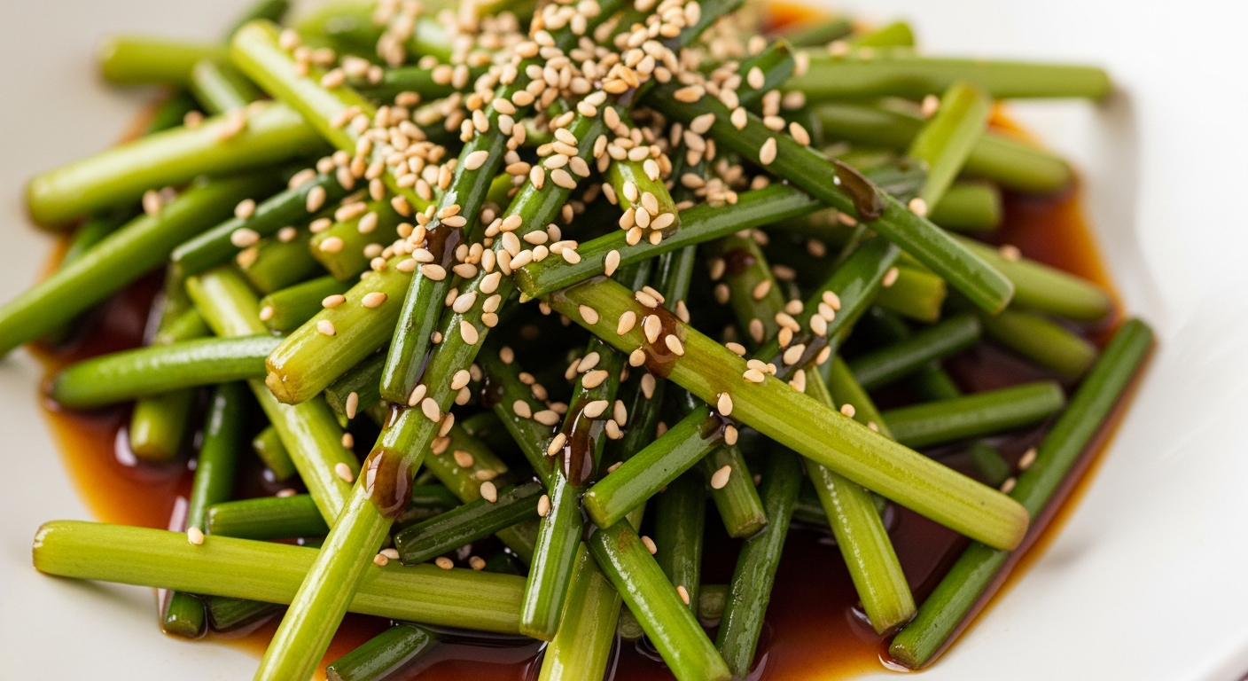 마늘쫑 볶음 요리가 참기름과 깨로 고명되어 하얀 접시에 담긴 모습