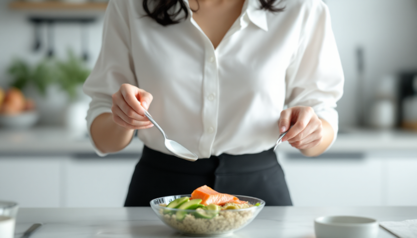 주방에서 단백질 지방 탄수화물이 균형잡힌 식단을 준비하는 젊은 한국 여성의 생활 장면
