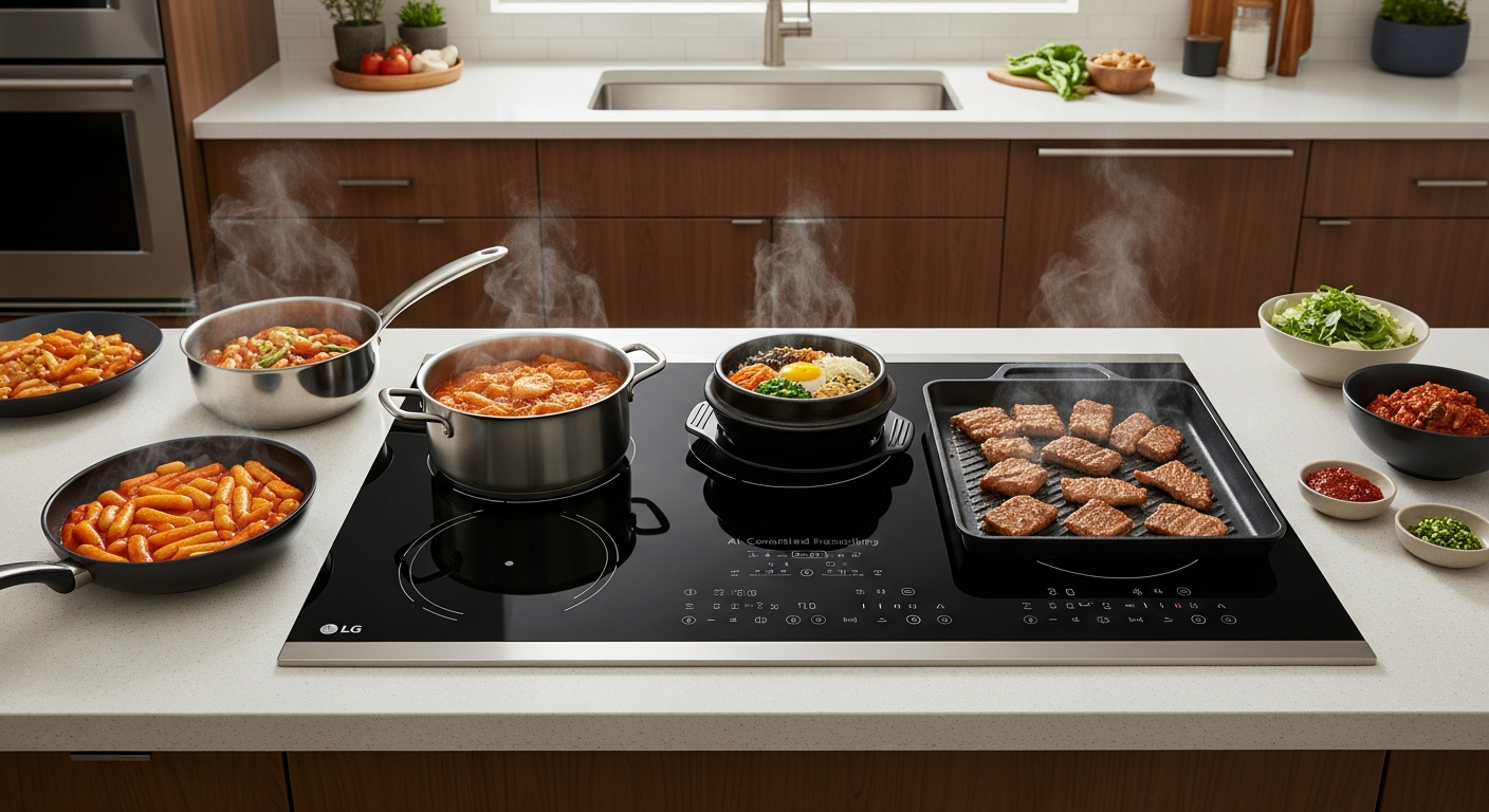 LG 36인치 풀플렉스 인덕션 쿡탑이 설치된 한국식 현대 주방에서 여러 조리도구가 올려진 요리 장면의 이미지