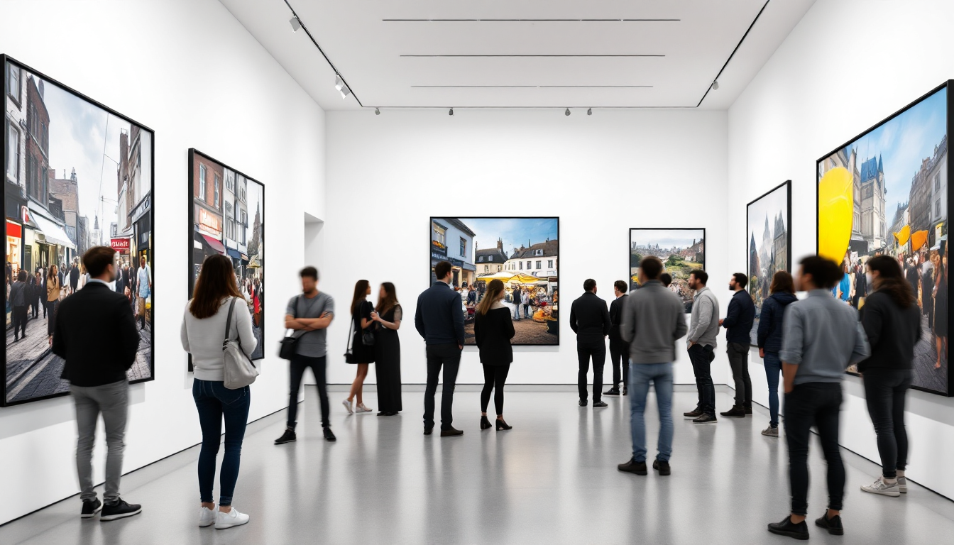 영국 다큐멘터리 사진의 색채를 연상시키는 작품들이 전시된 모던한 갤러리 내부와 영국인 관람객들의 관람 장면