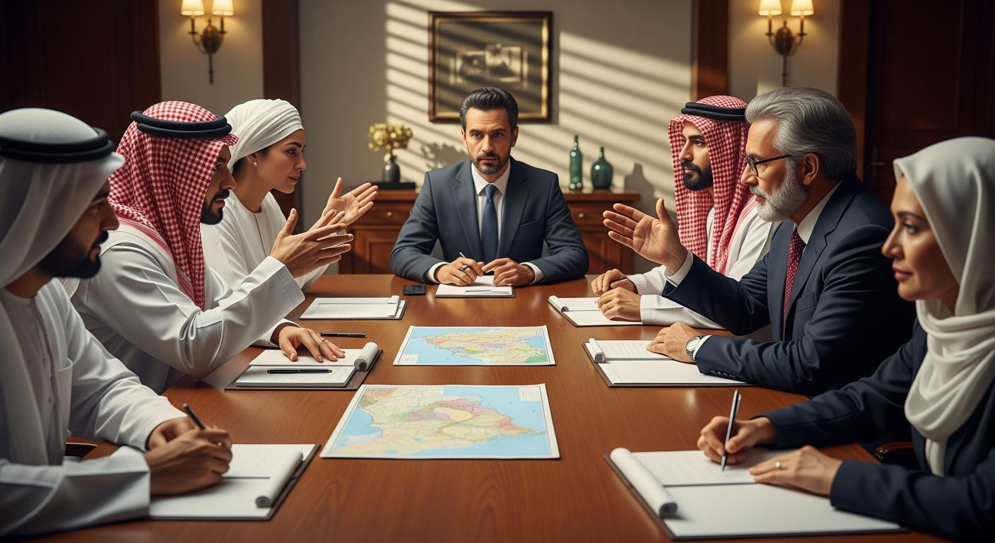 중동 대표들이 회담 테이블에 둘러앉아 협상하는 외교 회의 장면