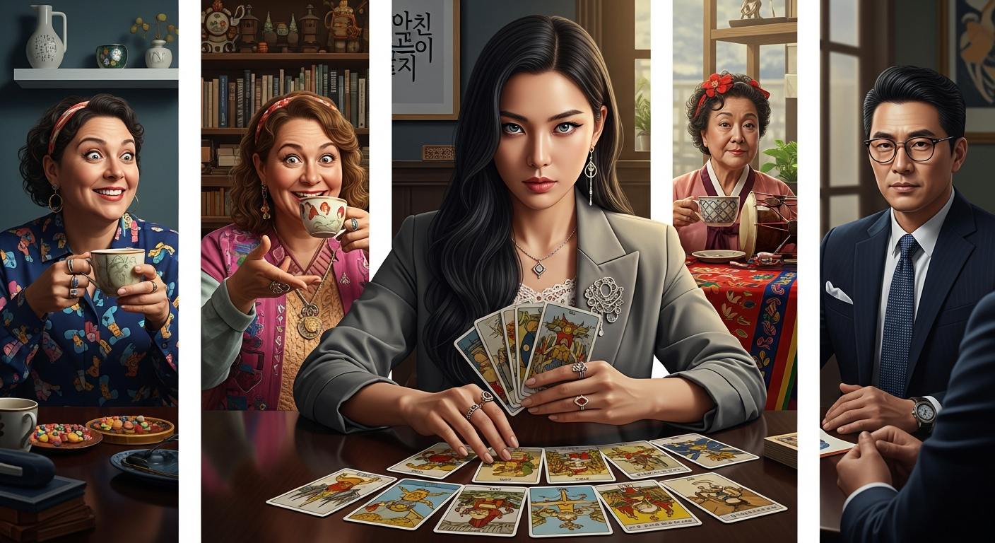 운명전쟁49의 주요 참가자 4인의 특징과 분야를 표현한 실사 스타일 이미지