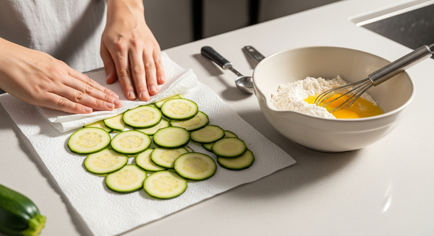 애호박전 재료 준비 및 수분 제거 과정