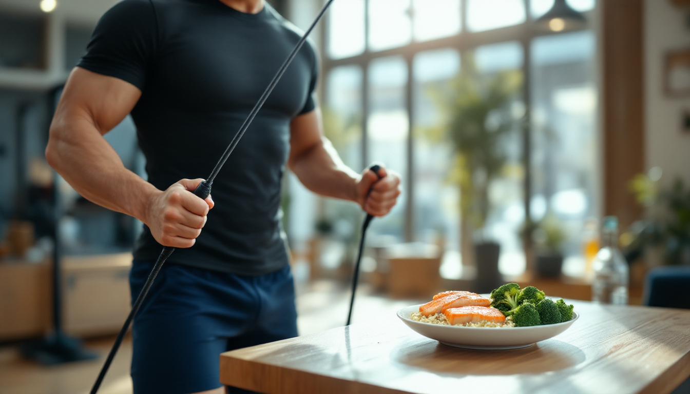 사과형 체형의 한국인 성인이 줄넘기 HIIT 운동을 하는 장면과 연어 퀴노아 채소가 놓인 식단 이미지