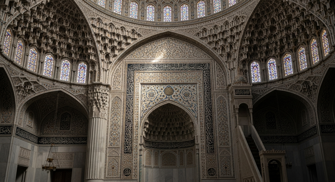 돔과 무카르나스 미흐라브의 정교한 장식을 강조한 모스크 내부의 고화질 실사 장면