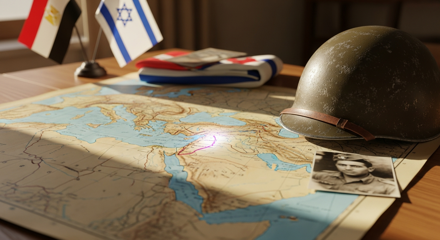 동지중해의 오래된 지도와 시나이 반도가 강조된 테이블, 군용 헬멧과 흑백 병사 사진이 함께 놓인 역사적 분위기 이미지