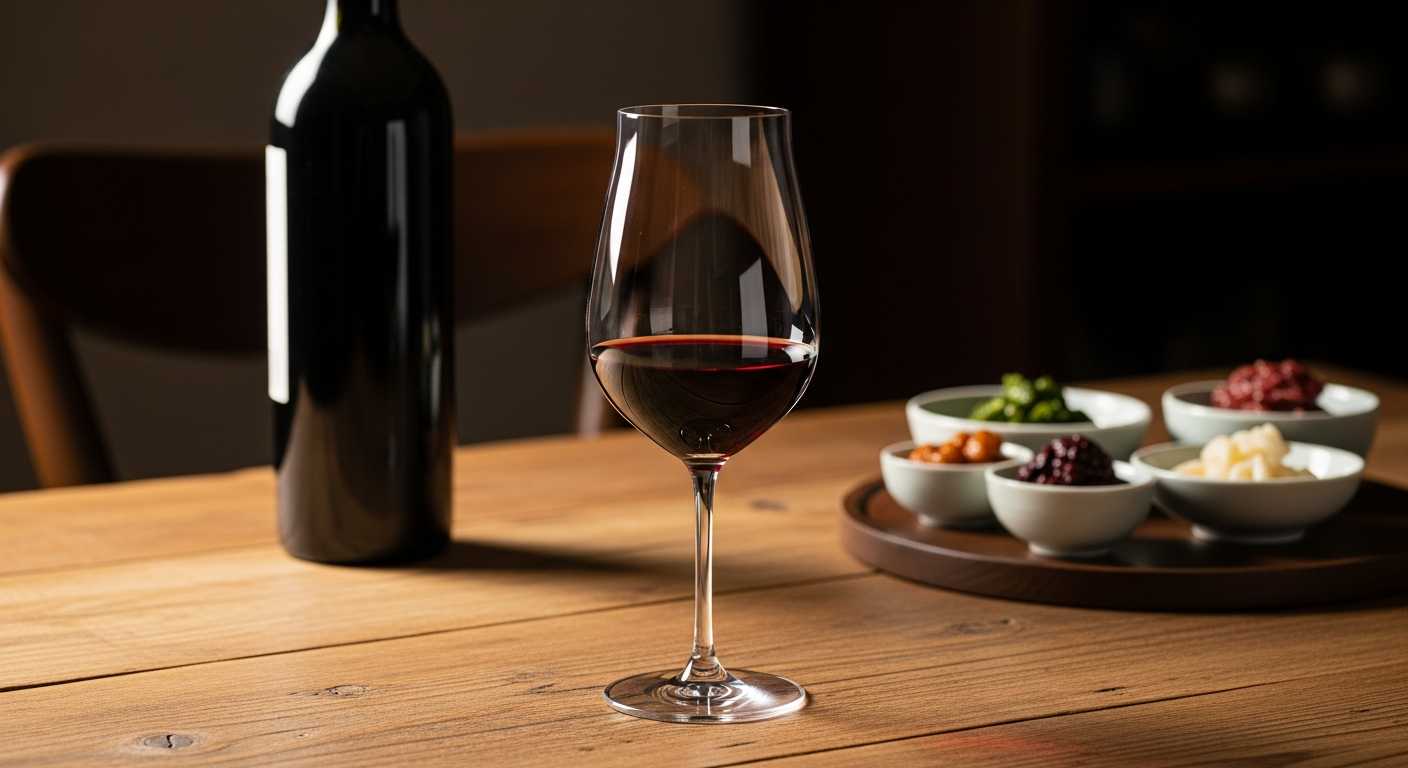 완벽한 와인 테이스팅을 위한 한국적 분위기의 튤립형 와인잔과 와인병이 놓인 모습