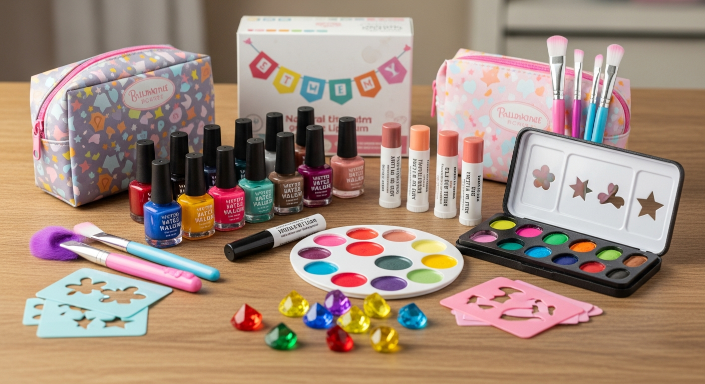 안전한 수성 네일과 자연 유래 립밤, 페이스 페인팅 크레용이 포함된 어린이 교육용 메이크업 키트
