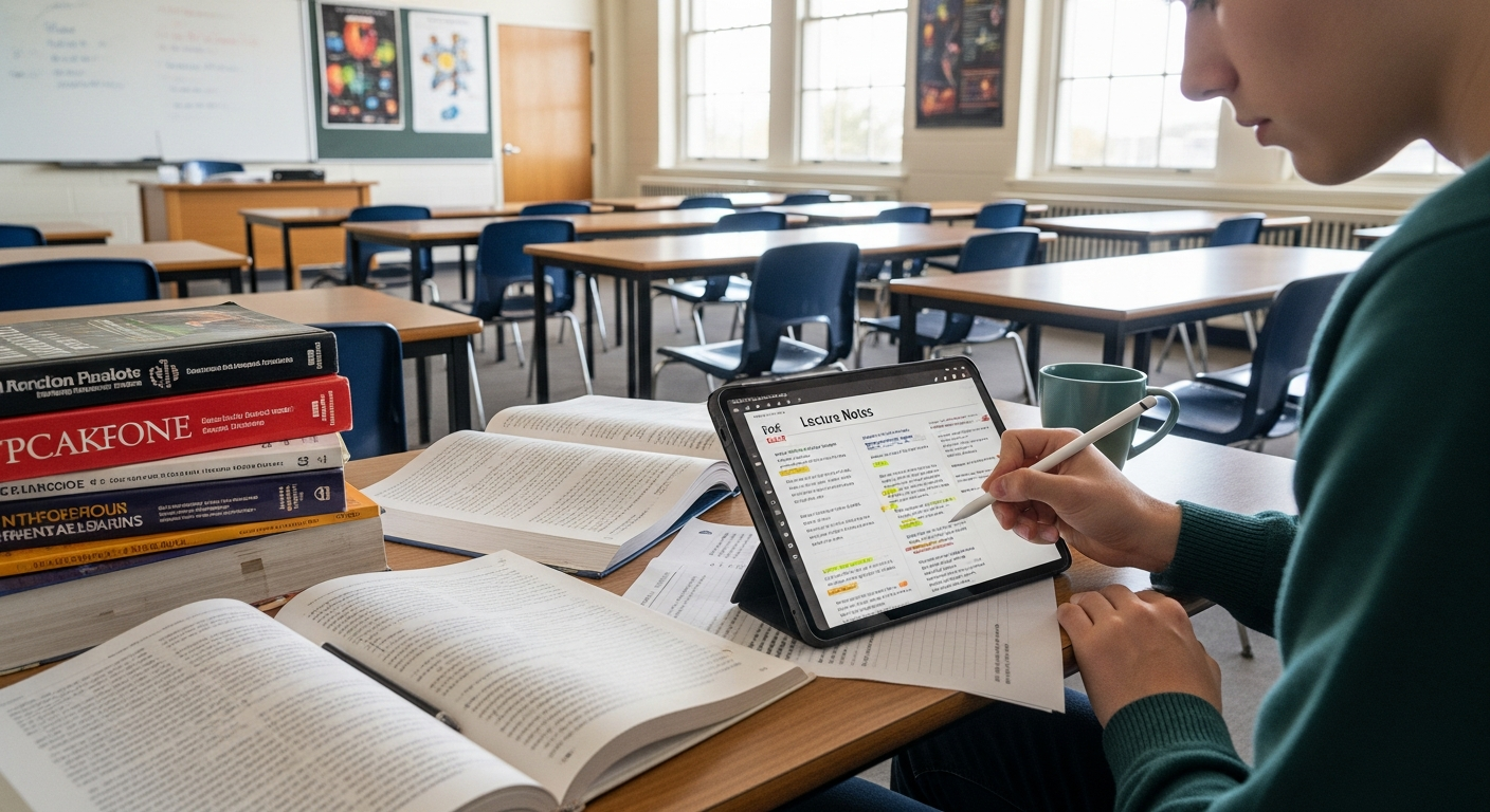 태블릿으로 PDF 필기와 강의노트를 작성하는 학생의 모습