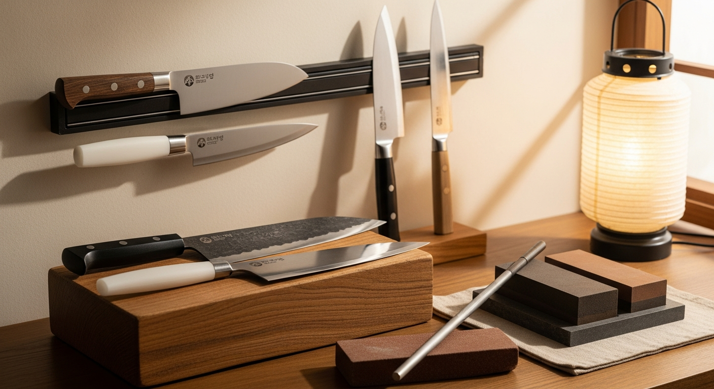 스테인리스, 고탄소강, 세라믹 칼과 숫돌 및 호닝 스틸이 정돈되어 있는 한식 주방 칼 관리 공간 모습