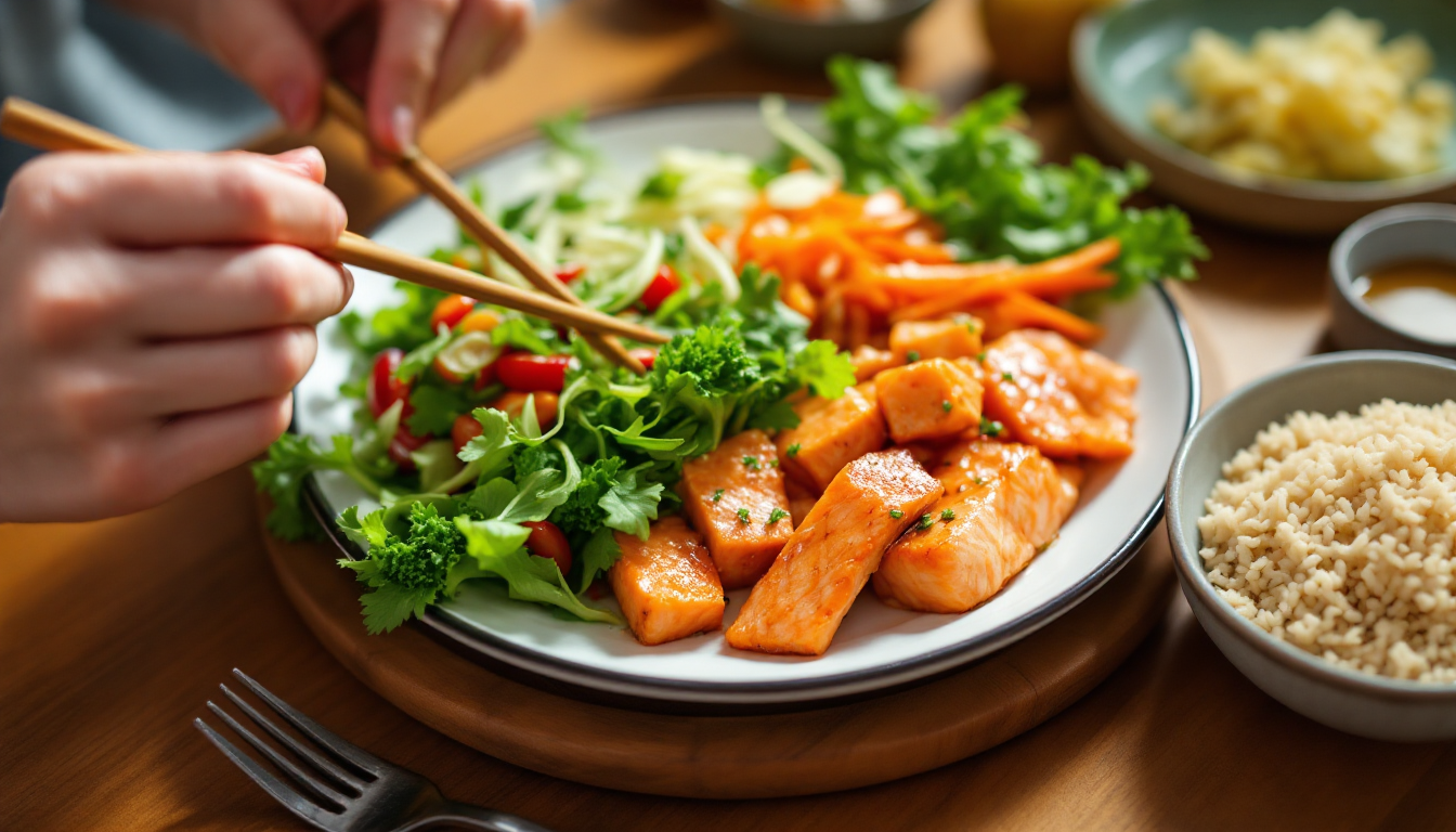 채소 단백질 탄수화물이 구분된 접시와 젓가락질하는 한국인