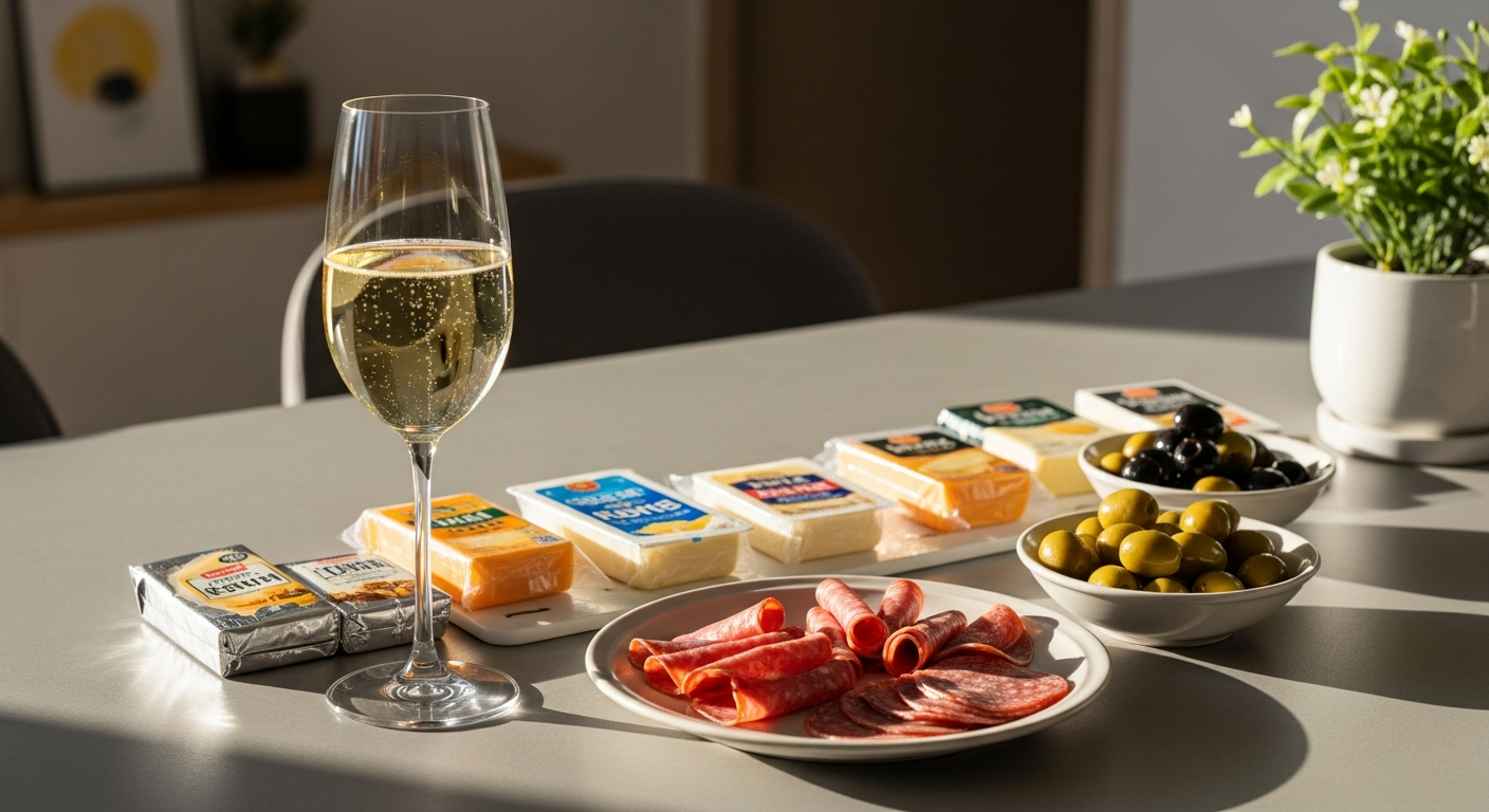 퇴근 후 집에서 편의점 치즈, 살라미, 올리브와 스파클링 와인을 즐기는 편안한 홈 분위기