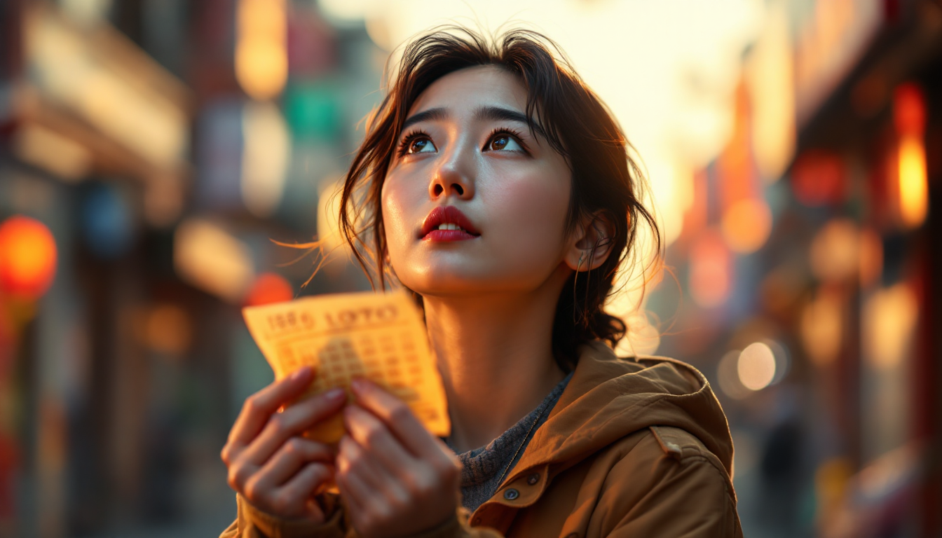 로또 당첨의 설렘과 기대를 표현하며 복권을 들고 희망을 바라보는 한국인 성인
