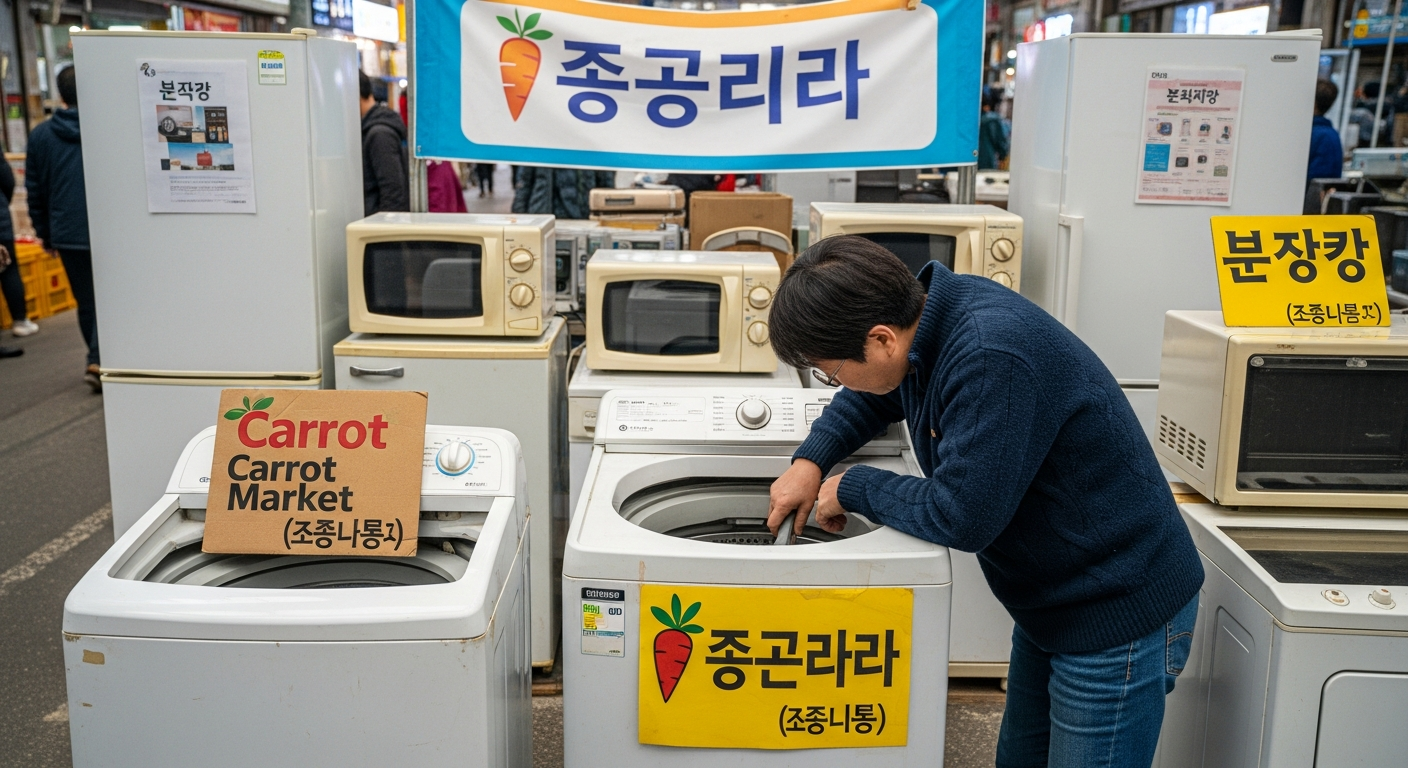 개인 간 거래 플랫폼에서 중고 가전제품을 실제로 확인하는 소비자 모습