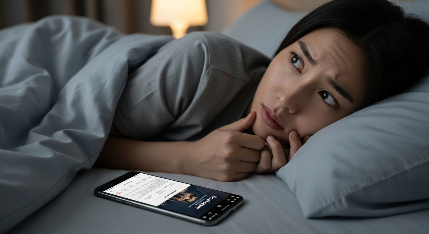 꿈을 꾸고 스마트폰으로 해몽 앱을 사용하는 한국인 모습