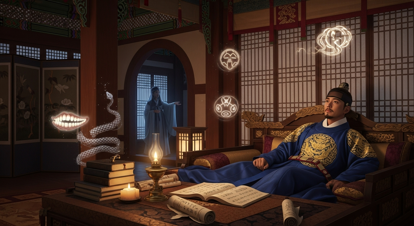 조선시대 왕이 있는 궁궐 내부에서 전통적인 꿈 해몽의 상징들이 은은하게 표현된 모습