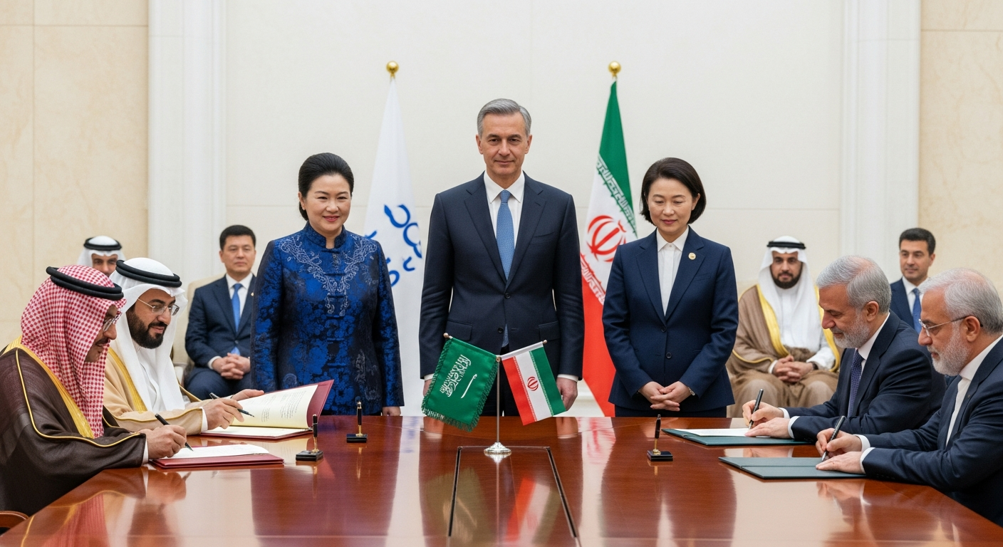 베이징에서 중국 중재로 이란과 사우디 대표들이 합의서에 서명하는 장면