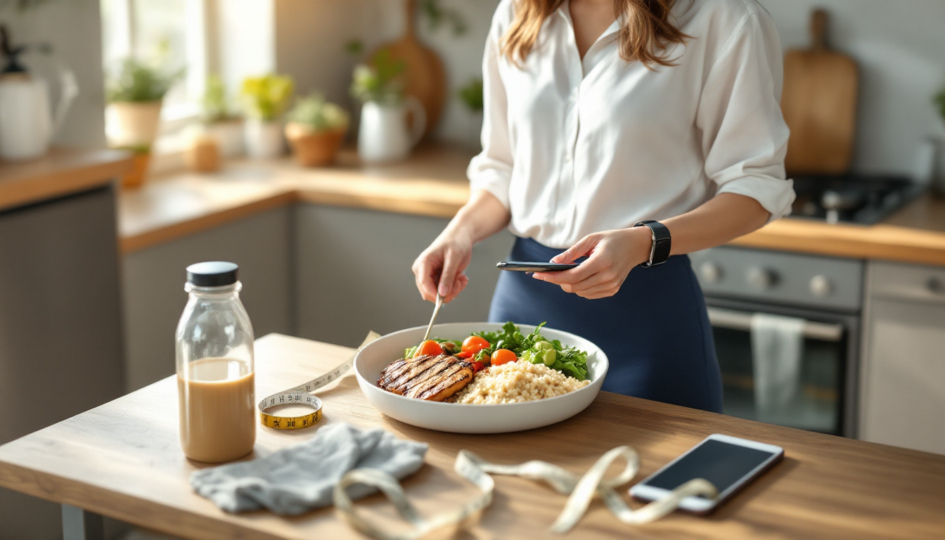 건강한 식단을 준비하고 스마트 밴드와 앱으로 기록을 확인하는 한국인 여성의 생활밀착형 사진 이미지