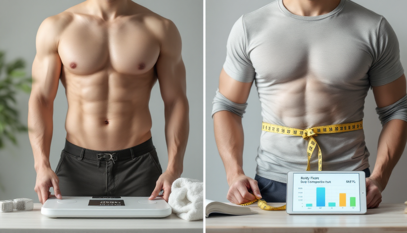 체중계에 선 모습과 허리 둘레와 체지방 측정 도구를 보여주는 대비 이미지