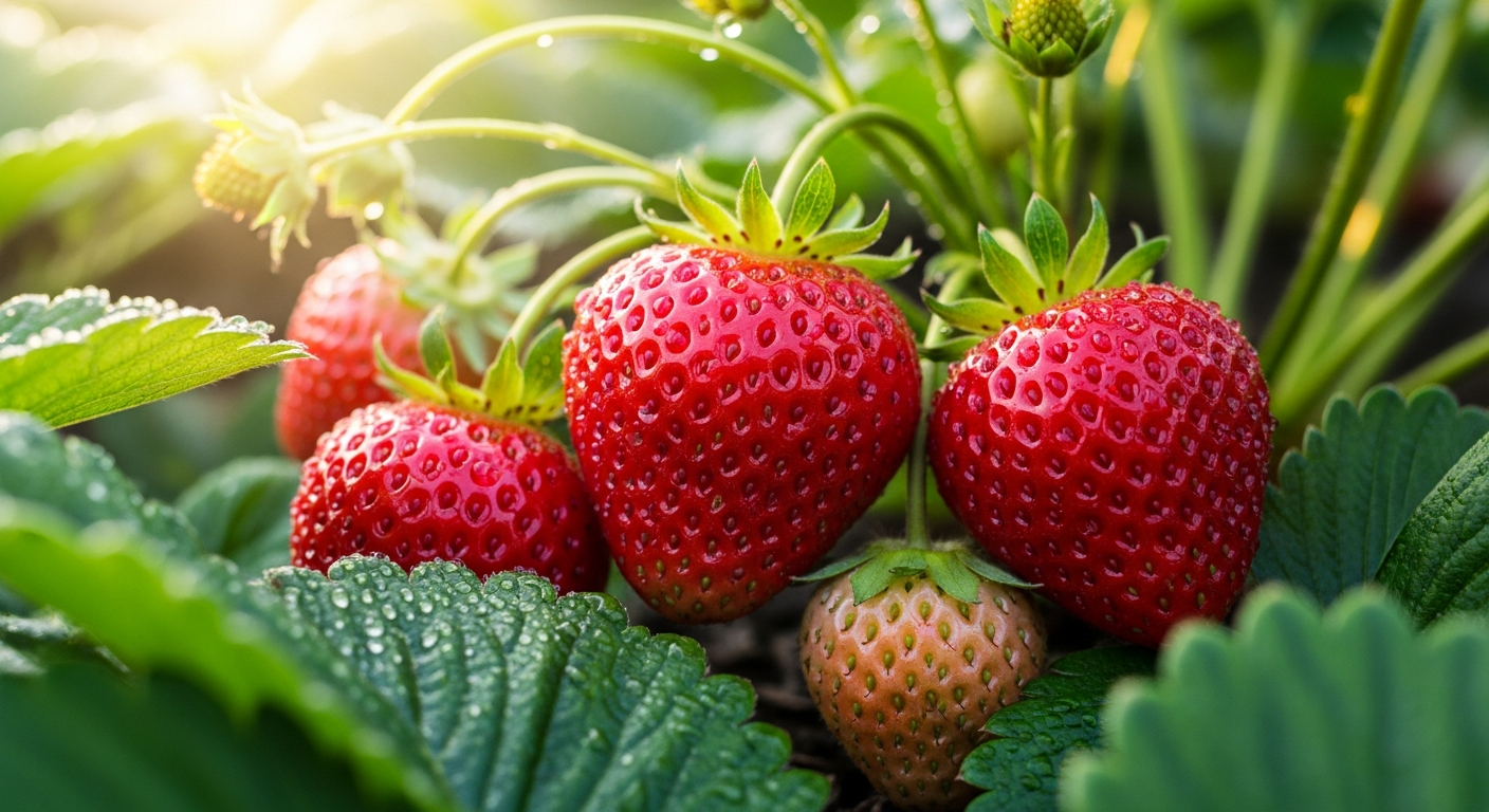 5월 제철인 신선한 딸기가 햇살을 받으며 자라고 있는 모습
