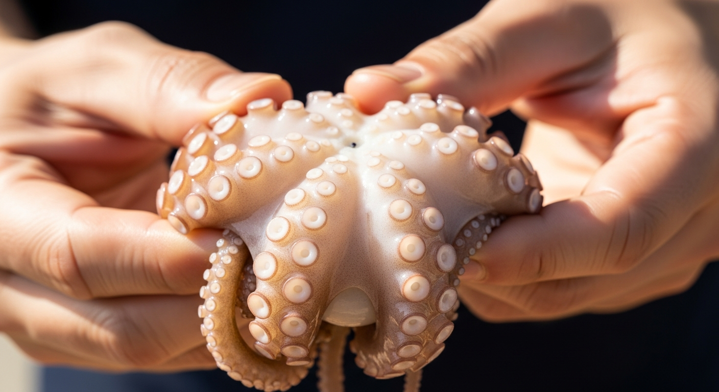 봄철 싱싱한 주꾸미를 들고 있는 한국인 손 클로즈업