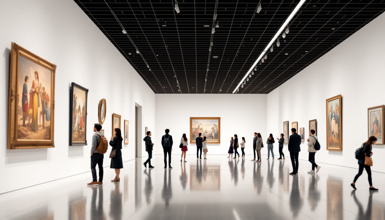 작품과 거리를 유지하며 조용히 감상하는 관람객들이 있는 전시실 풍경