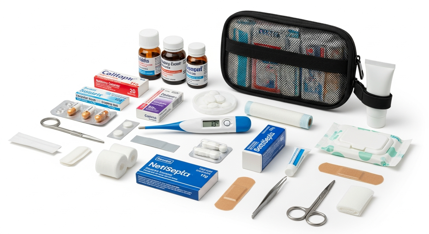 비상약과 의료용품이 잘 정리된 아기 여행용 응급 키트