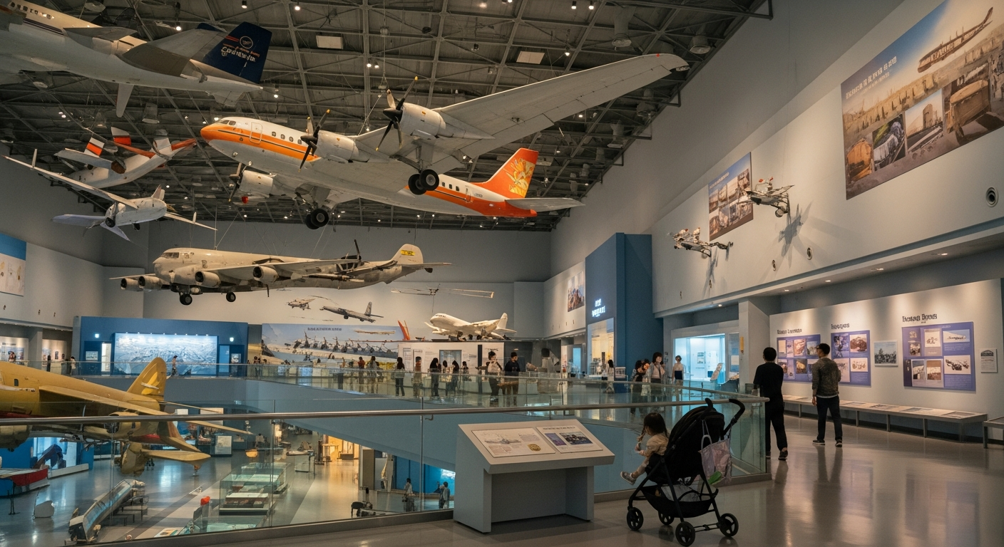 국립항공박물관 내부와 천장에 매달린 실제 비행기, 유모차 대여 및 수유실이 있는 공간