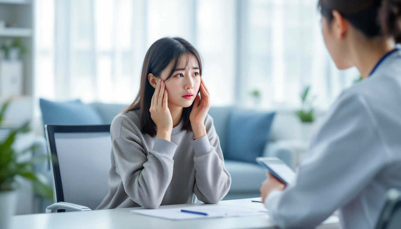 진료실에서 피로와 생리 이상을 상담하는 표정의 한국 여성과 공감하는 여성 의사의 장면