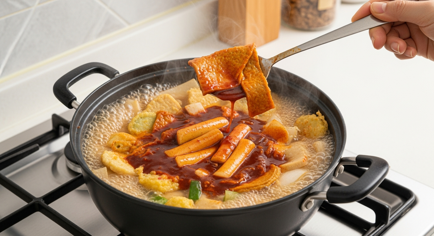 간장 떡볶이 남은 음식을 전 찌개에 넣어 조리하는 모습