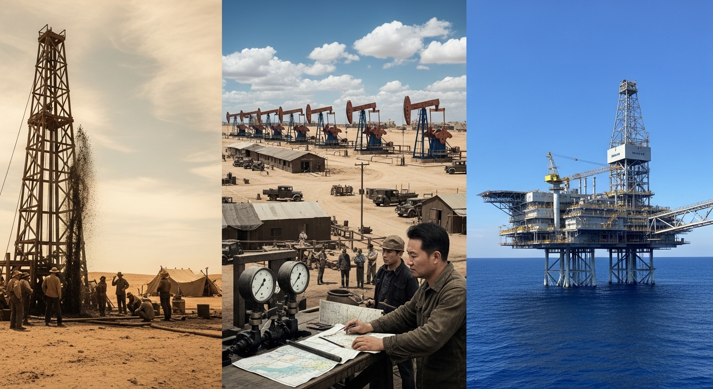 초기 유정부터 현대 해상 플랫폼과 국제 회의까지 중동 석유 산업의 시대별 변천을 보여주는 파노라마