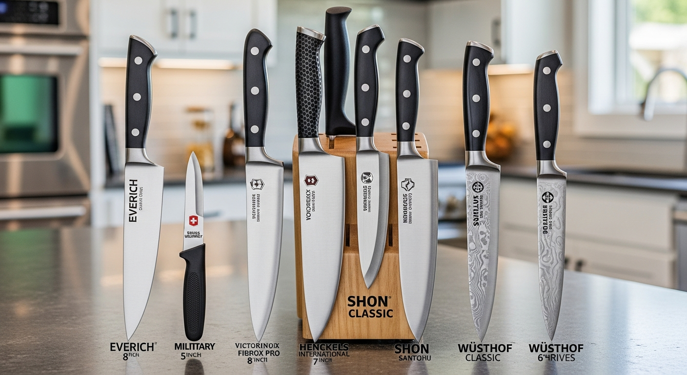 다양한 가격대별 추천 브랜드 칼들이 나무 칼 블록에 배열된 모습