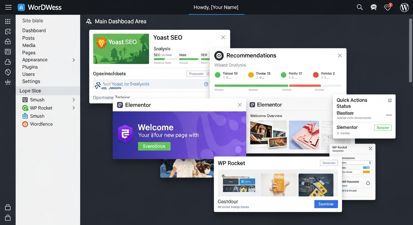 워드프레스 필수 플러그인들이 설치되고 활성화된 관리 화면 이미지