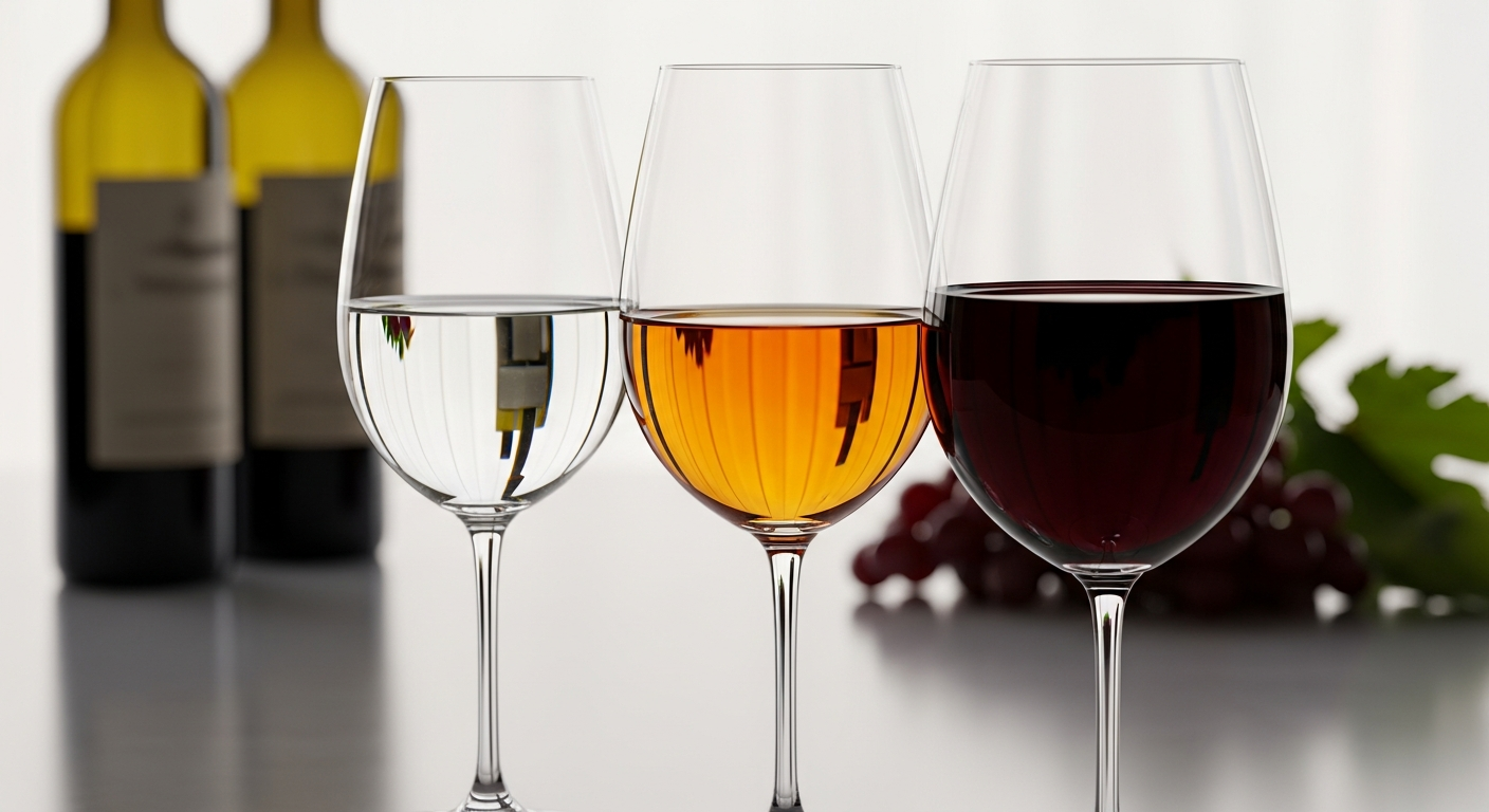 라이트, 미디엄, 풀 바디 와인을 각각 대표하는 세 개의 와인잔이 서로 다른 색과 무게감을 보여주는 모습