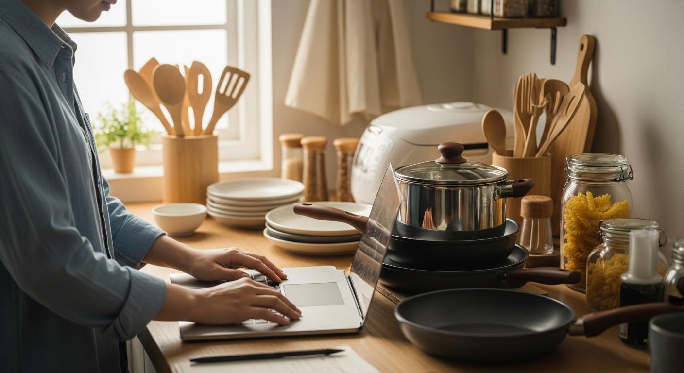 주방 카운터에서 노트북으로 주방용품을 비교하는 한국인 모습