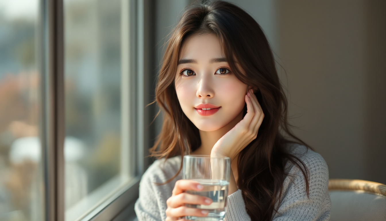 창가에 앉아 물을 든 사려깊은 한국 여성의 초상 호르몬 균형을 암시하는 온화한 빛 표현