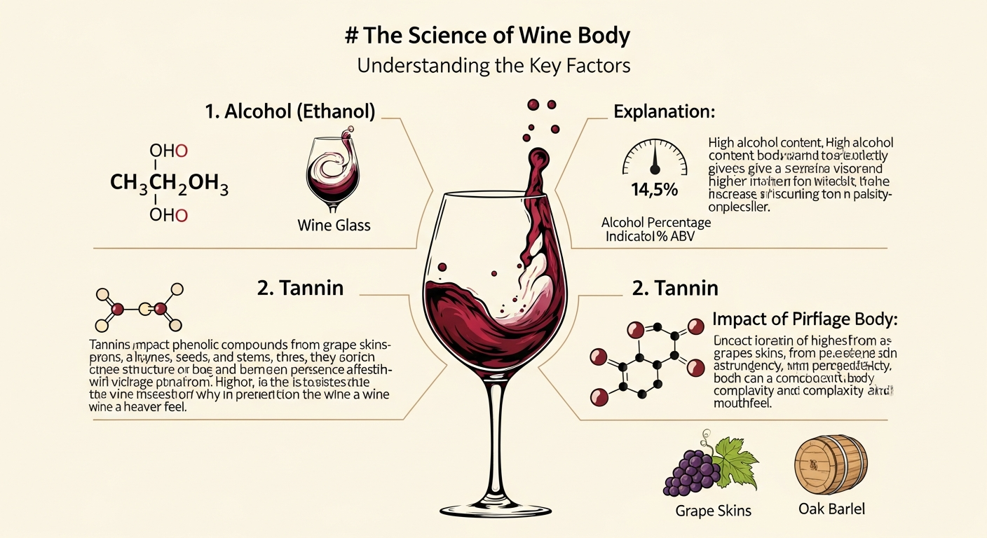 와인 바디 무게감에 영향을 미치는 알코올, 타닌, 드라이 엑스트랙트, 글리세롤 과학적 요소를 친근하게 설명하는 인포그래픽 일러스트