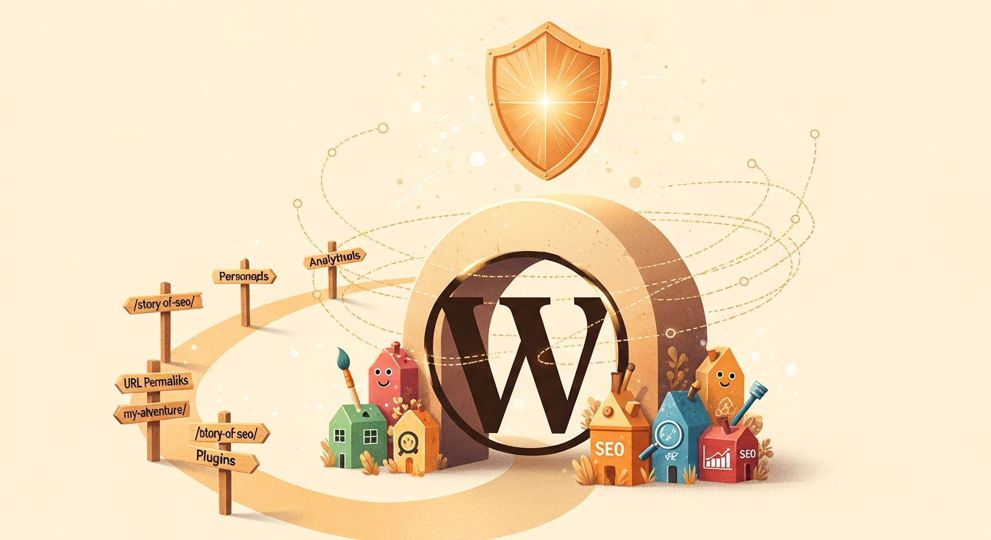 워드프레스의 SEO 강점과 신뢰성을 상징하는 따뜻한 일러스트