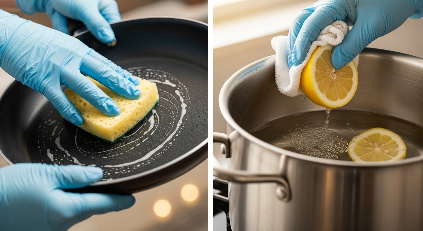 코팅 팬을 부드럽게 세척하고 스테인리스 냄비를 관리하는 주방용품 관리 장면