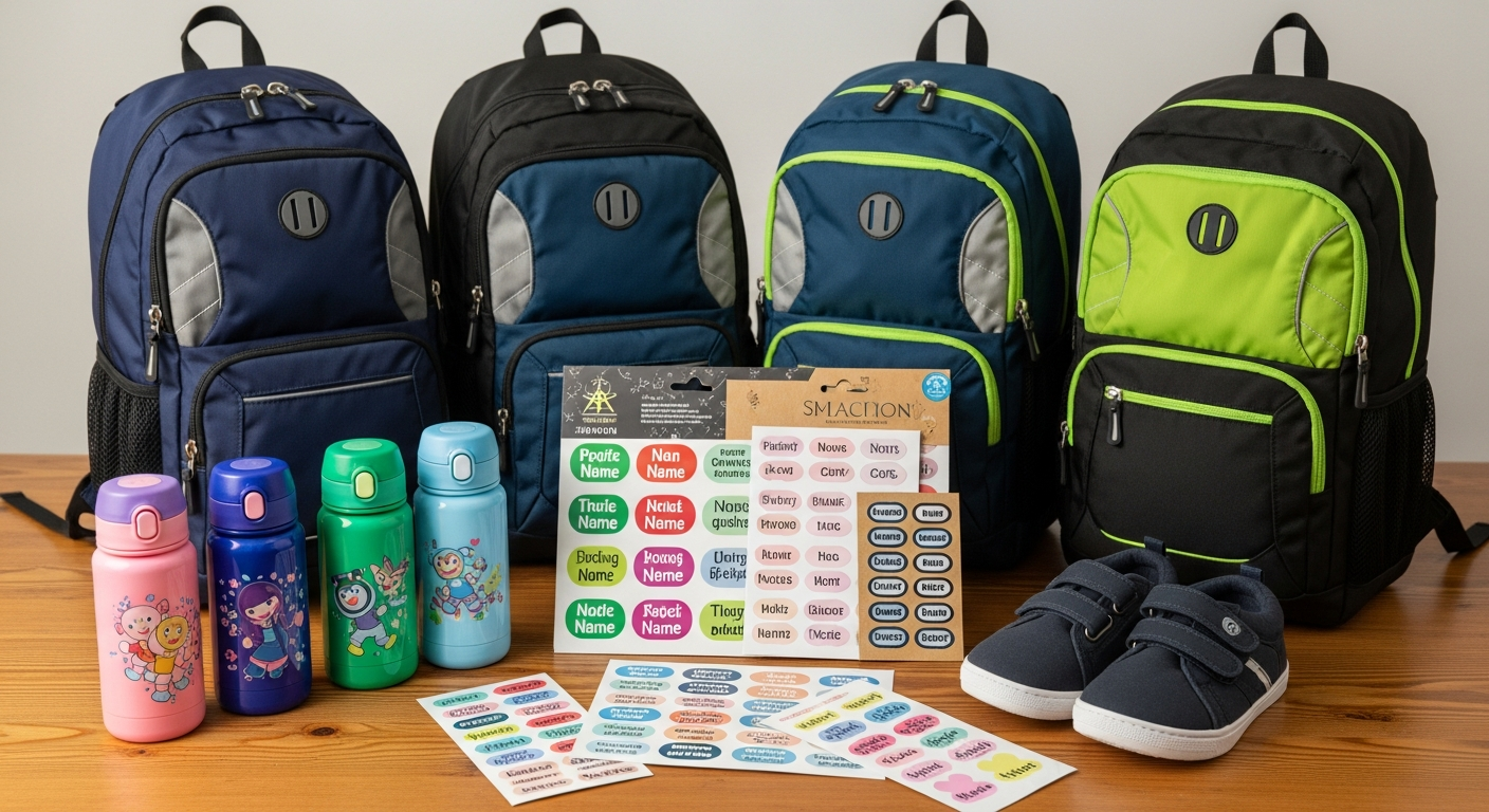 추천하는 학용품과 실내화, 방수 네임스티커 등이 깔끔하게 정리된 모습