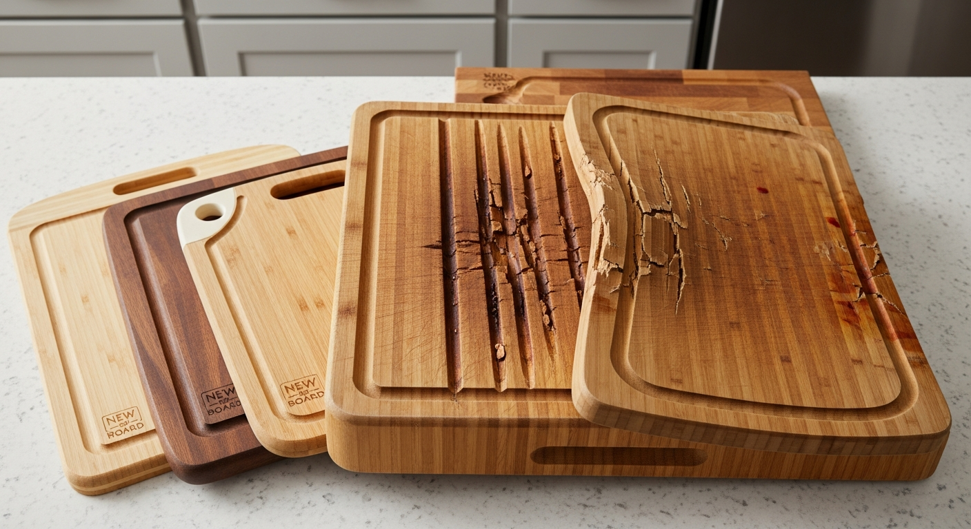 깊은 칼자국, 얼룩, 뒤틀린 도마와 새 도마를 비교하여 교체 시점을 표현한 주방 장면