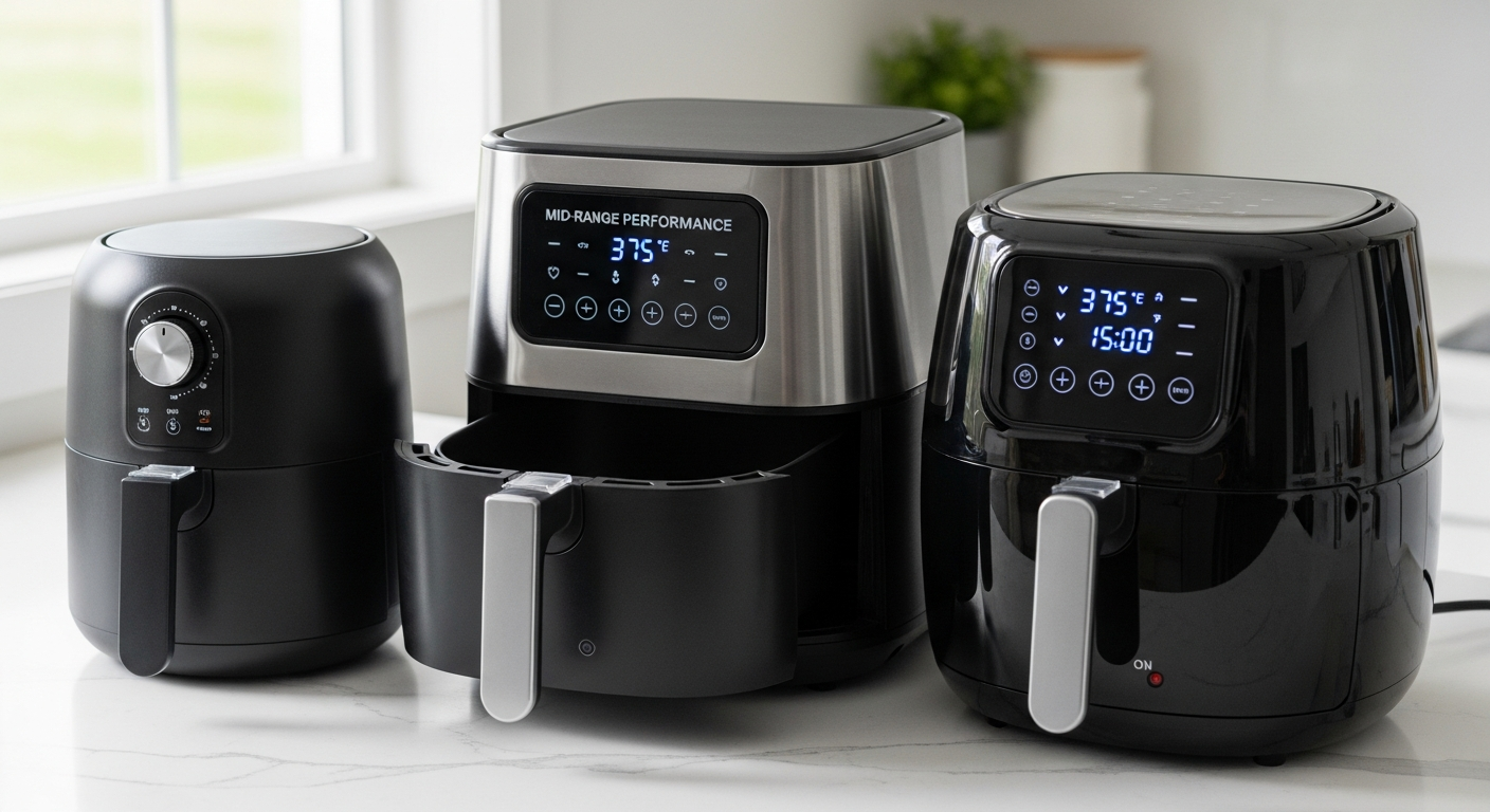 가격대별 추천 에어프라이어 모델들이 주방 카운터 위에 정리되어 있는 사진