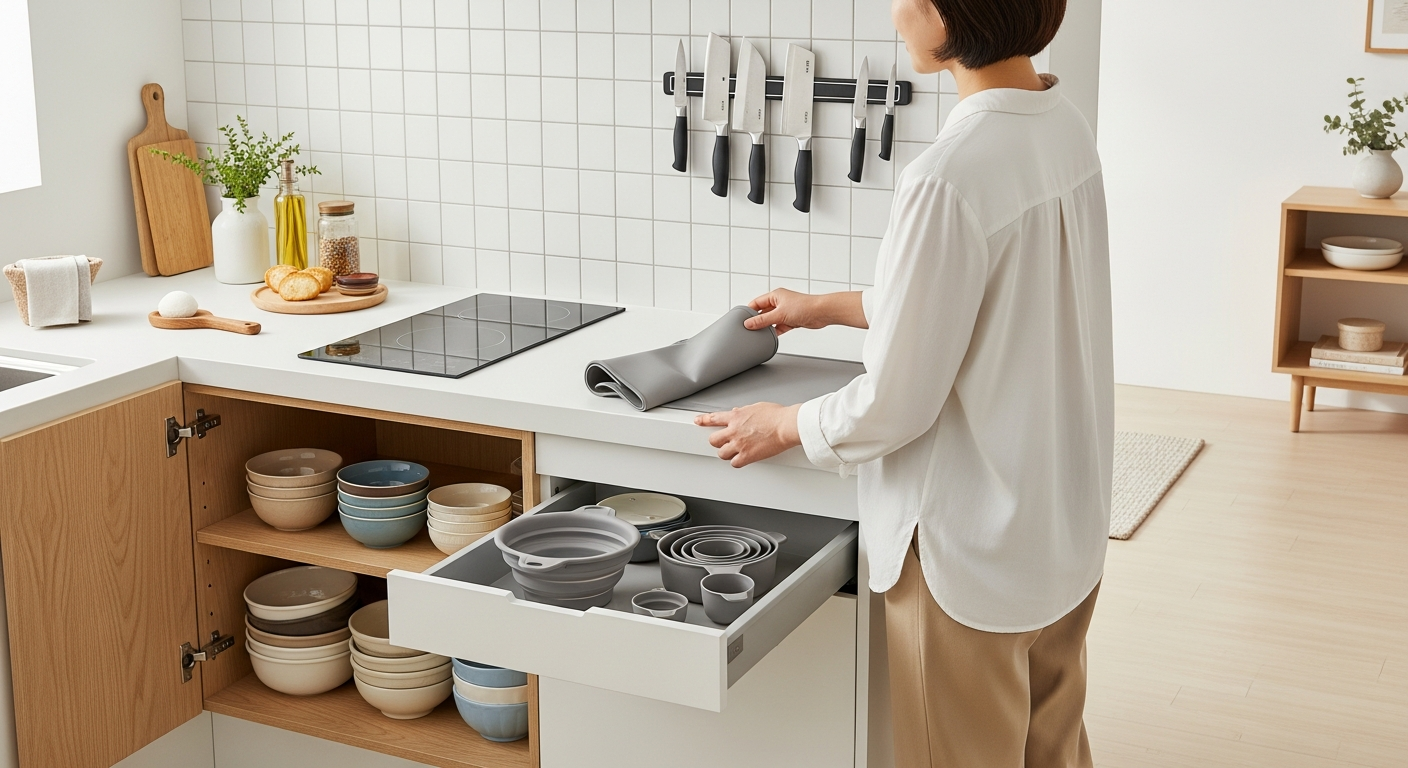 좁은 공간에 맞게 접이식과 공간 절약형 주방용품을 사용하는 한국인의 주방 모습