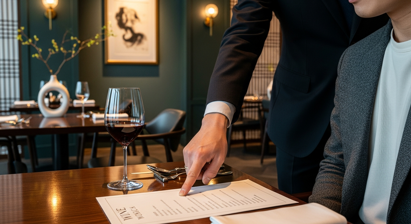 레스토랑에서 소믈리에가 와인 리스트를 보여주며 손님이 고르는 모습