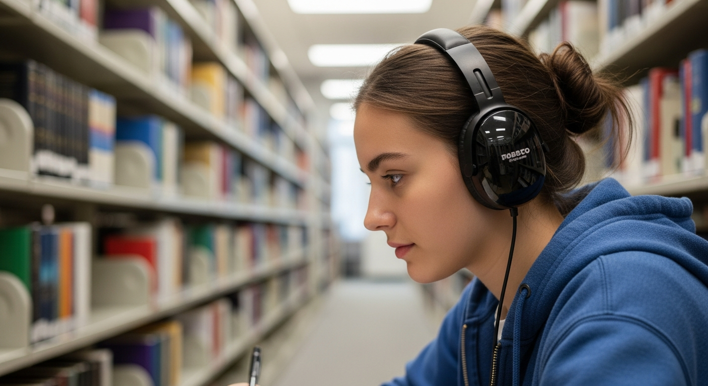 노이즈 캔슬링 헤드폰을 쓰고 집중하는 학생의 모습