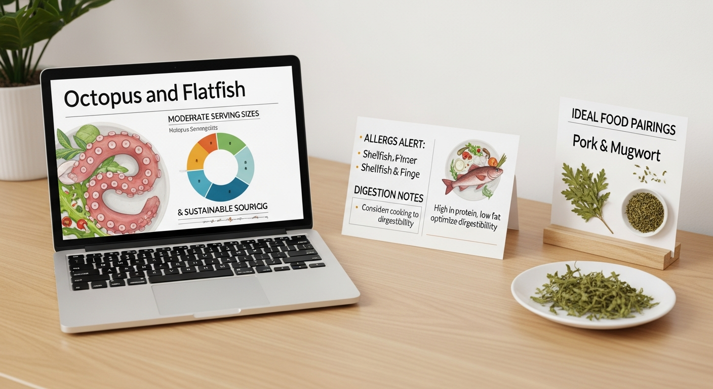 영양사가 제시하는 쭈꾸미와 도다리 섭취 권장량과 주의 사항을 보여주는 전문가의 책상